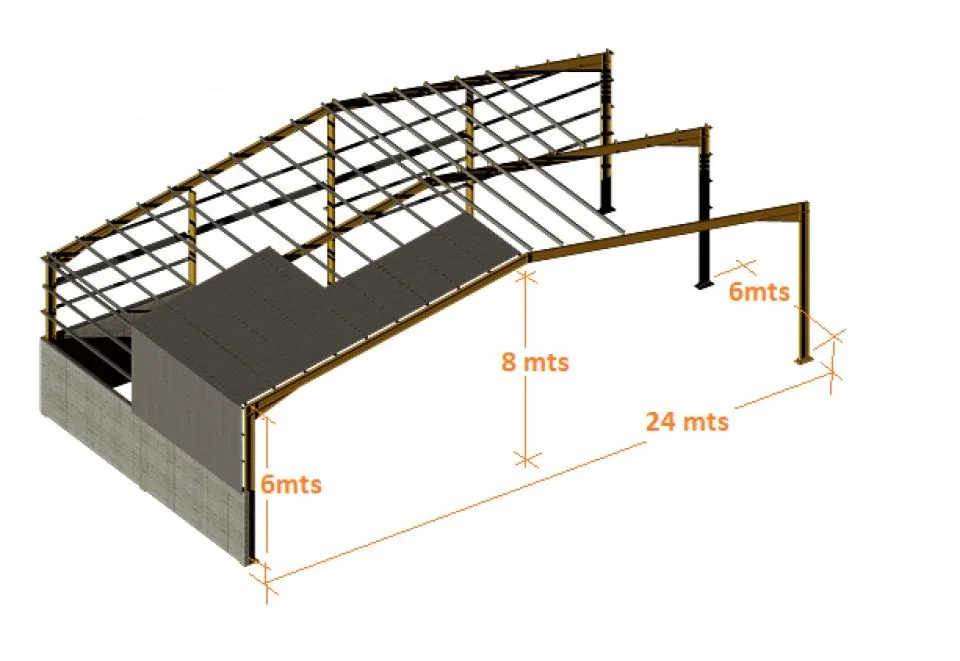 Render 3D kit galpón estándar con medidas: 24 m de luz, 8 m altura cumbrera, 6 m altura lateral